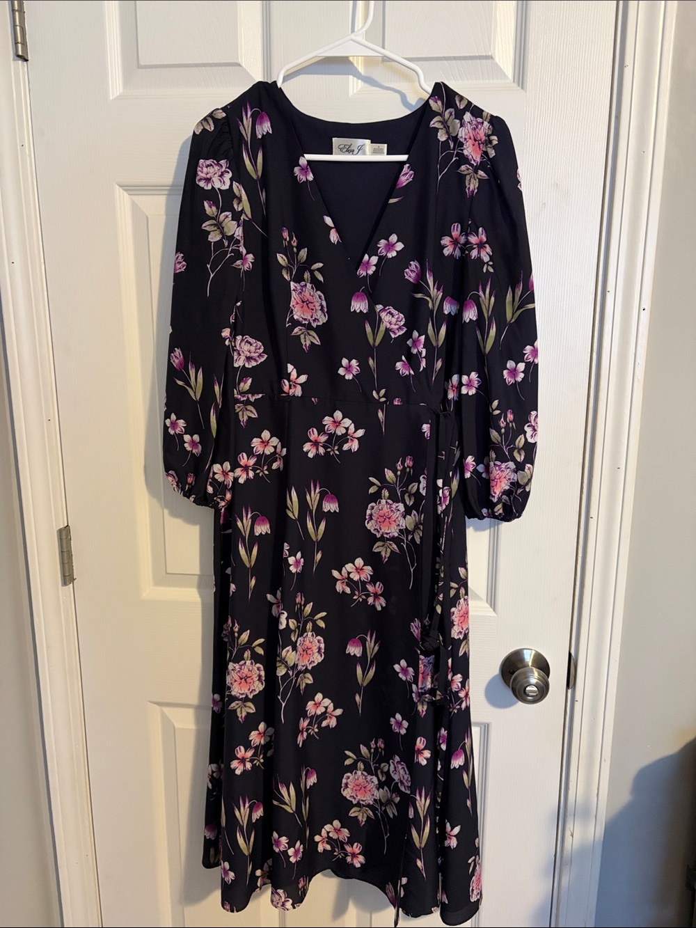 Eliza J Black Floral Long Sleeve Wrap Dress with Pink Blossoms